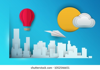 Vector paper cut skyscrapers with airplane, balloon and cloud. Cartoon art illustration in minimalistic craft carving style. Modern layout colorful concept for background cover, poster, card.