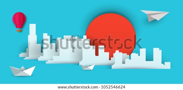 Vector paper cut skyscrapers with airplane, balloon\
and boat. Cartoon art illustration in minimalistic craft carving\
style. Modern layout colorful concept for background cover, poster,\
card.