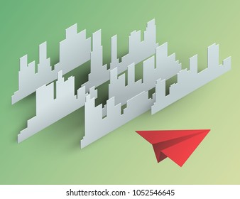 Vector paper cut skyscrapers with red airplane in isometric view. Cartoon art illustration in minimalistic craft carving style. Modern layout colorful concept for background cover, poster, card.