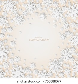 Vector paper cut with snowflakes .Merry Christmas Greetings card and Happy New Year. Winter snowflakes background. Space for text. 
