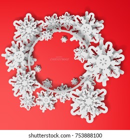 Vector paper cut with snowflakes .Merry Christmas Greetings card and Happy New Year. Winter snowflakes background. Space for text. 