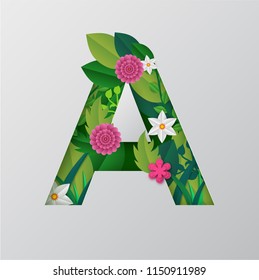 Estilo de corte de papel vectorial Un alfabeto con hermoso diseño floral sobre fondo gris. 
