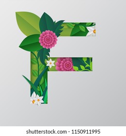Estilo de corte de papel vectorial alfabeto F con hermoso diseño floral sobre fondo gris. 