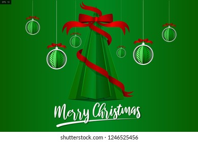 Vector for “Christmas Celebrated” in paper cut style with the green Christmas tree,  globe and text “Merry Christmas”