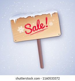 Vector paper cut style illustration of Sale wooden signboard on snowfall winter background.