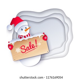 Vector paper cut style illustration of cute Snowman character with sale wooden signboard on white layered shapes banner background.