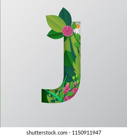 Alfabeto J de papel vectorial con un bonito diseño floral sobre fondo gris. 