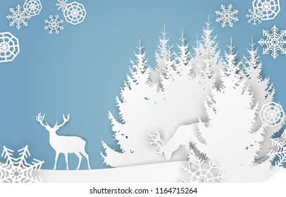 Vector paper cut style landscape with deers, forest and snowflakes on blue background