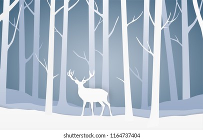 Vector paper cut style landscape with winter forest and deer on blue background