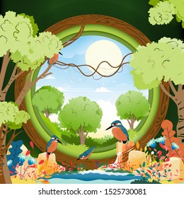 Vector Paper cut style of landscape view in spring season with waterfall, Kingfisher bird standing looking for fish and some standing on branches tree, Cute cartoon of peaceful wildlife in forest summer