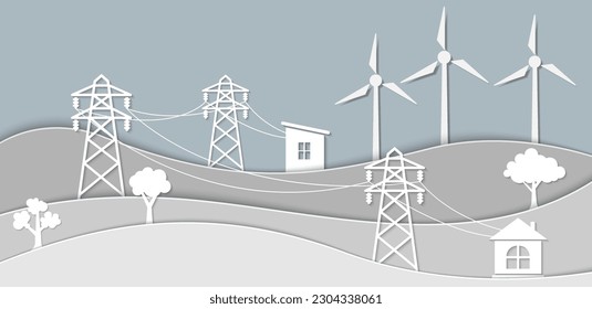 Vector paper cut style monotone color of wind turbine electricity system, renewable energy environmental electricity concept, copy space for text and design, editable layer and object