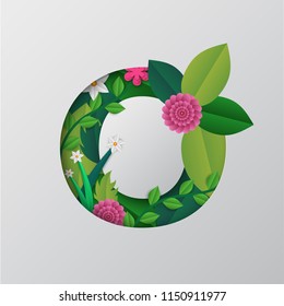 Vector paper cut style O alphabet with beautiful floral design on grey background. 