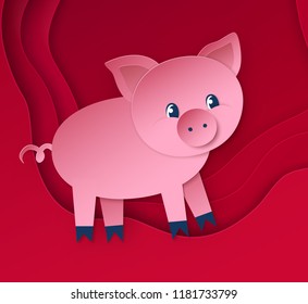 Vector paper cut style postcard with cute New Year Pig character on red layered background.