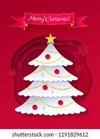 Vector paper cut style postcard of decorated fir tree with Merry Christmas scroll banner.