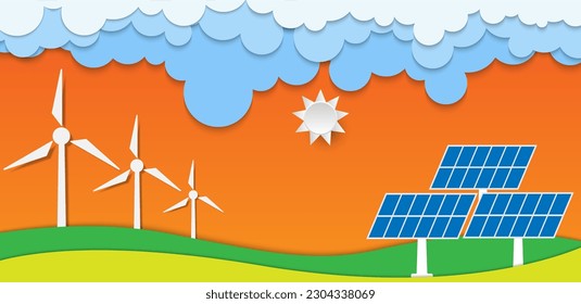Vector paper cut style of wind turbine and solar cell electricity power, renewable energy environmental electricity concept, copy space for text and design, editable layer and object