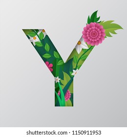 Vector paper cut style Y alphabet with beautiful floral design on grey background. 