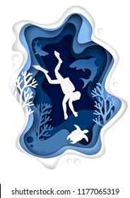 Vector paper cut underwater sea cave with coral reef fish seaweed and diver swimming with sea turtle and sharks. Underwater world landscape. Scuba diving poster banner design template.