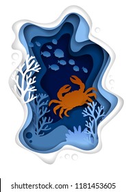 Vector paper cut underwater sea cave with coral reef fish seaweed and crab. The beauty of underwater world poster banner design template.