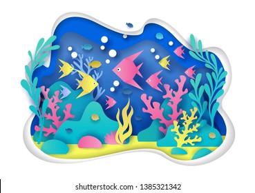 Vector paper cut underwater sea cave with coral reef, fish, seaweed. Deep ocean bottom landscape and marine life. Aquarium or public aquaria concept for web banner, website page etc.