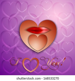 Vector paper cut Valentine card with hearts, lips and ribbon text
