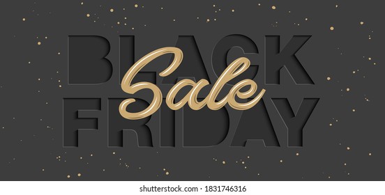 Vector paper cut with words for poster, advertising, banner, site decoration, offer, promo, flyer, brochure. Craft style, modern calligraphy text on black background. Black friday sale.