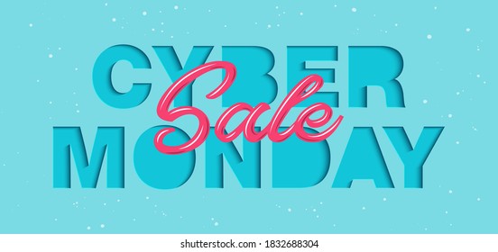Vector paper cut with words for poster, advertising, banner, site decoration, offer, promo, flyer, brochure. Craft style, modern calligraphy text on blue background. Cyber monday sale.
