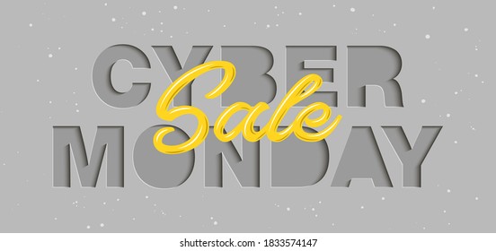 Vector paper cut with words for poster, advertising, banner, site decoration, offer, promo, flyer, brochure. Craft style, modern calligraphy text on gray background. Cyber monday sale.