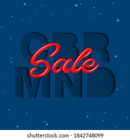 Papel vectorial cortado con palabras para afiches, publicidad, banner, decoración del sitio, oferta, promoción, volante, folleto, publicaciones en medios sociales. Estilo artesanal sobre fondo azul. Venta de ciberlunes.