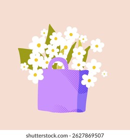 Vector paper cutout flat bag with abstract flowers bouquet in pastel tones, featuring halftone texture and collage style. Minimalist hand drawn illustration for posters, invitations, and web design