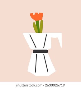 Vector paper cutout flat coffee moka pot with abstract flowers bouquet in pastel tones, featuring halftone texture and collage style. Minimalist hand drawn illustration for posters, invitations