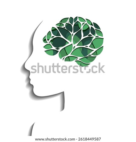 Vector paper cutting illustration of person with a brain made of leaves. 3D Layered illustration of eco man with a foliages brain for sticker and card. Mental health.