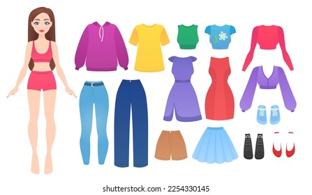 Vector paper doll girl fashion clothes set isolated vector illustration