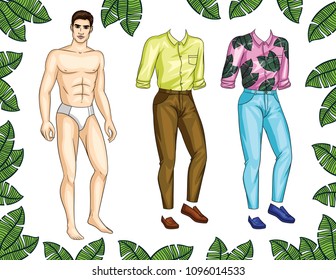 Vector paper doll man with colorful set of stylish summer clothes and shoes. Handsome fit guy with trendy casual tropical pattern outfit for holiday