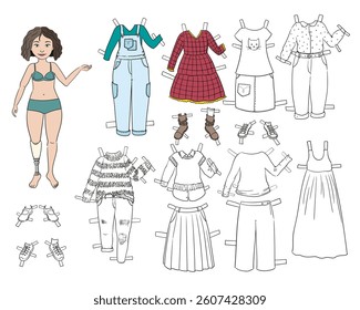 A vector paper doll with a prosthesis on the right leg, a printable coloring page