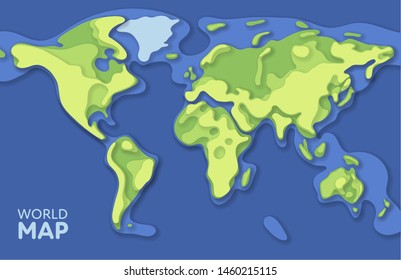Vector paper earth world map. Modern style 3d color illustration of continents with shadows and elevation. Globe design element for travel, infographic, report, advertisment.