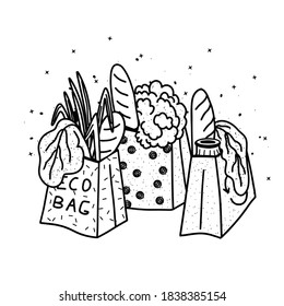 vector -paper eco bags with vegetables and bread from organic store.Shopping in eco food market.Concept of zero waste and sustainable consumption.Bread, salad, greens.Black and white sketch