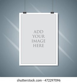  Vector paper empty A4 frame mockup hanging with paper clip