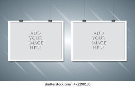  Vector paper empty A4 frame mockup hanging with paper clip