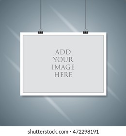  Vector paper empty A4 frame mockup hanging with paper clip