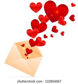 Vector paper envelope with red shining hearts inside