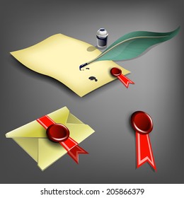 Vector paper, feather, inkwell, mail and wax seal.