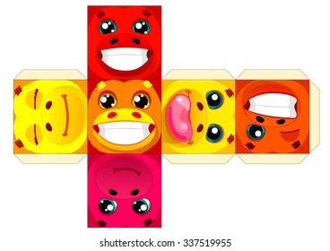 vector Paper Fire Monkey cube for children games and decoration Papercraft Fun Toy Printable Emotions Expressions icons smiley cube