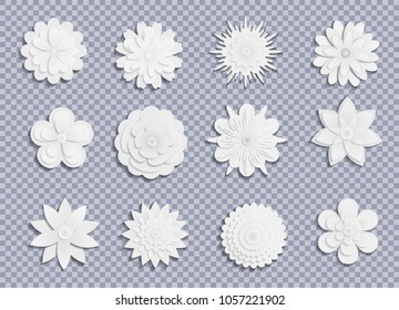 Vector paper flowers set on background of squares. 3d origami abstract flower icons illustration