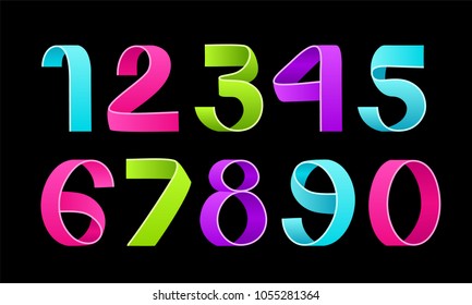 Vector of paper folding numbers. Color Ribbon script font. Vector of modern stylized paper font. Alphabet letters. 3d number set. Elements design. Celebration logo.