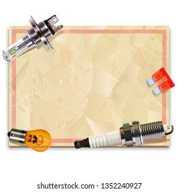 Vector Paper Frame with Car Parts isolated on white background