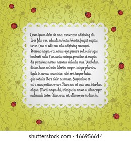 Vector Paper Frame on Ornamental Green Floral Background with Ladybugs