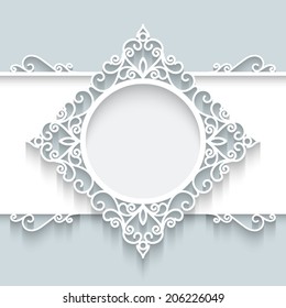 Vector paper frame with shadow,  round vignette, ornamental label on grey background, eps10