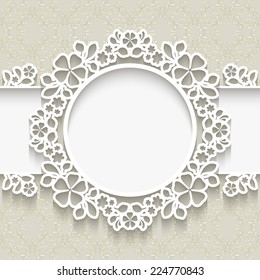 Vector paper frame with shadow, round vignette, lacy label over ornamental background, eps10