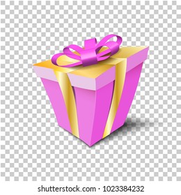 Vector paper gift box pink color with gold ribbons and pink bow. Isolated illustration on transparent background. Template for app, web, promotion stuff. Holidays Happy Birth Day. Copyspace realistic
