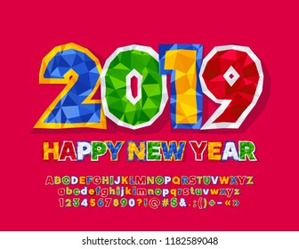 Vector Paper Greeting Card Happy New Year 2019. Bright Alphabet Letters, Numbers and Symbols. Origami Colorful Font